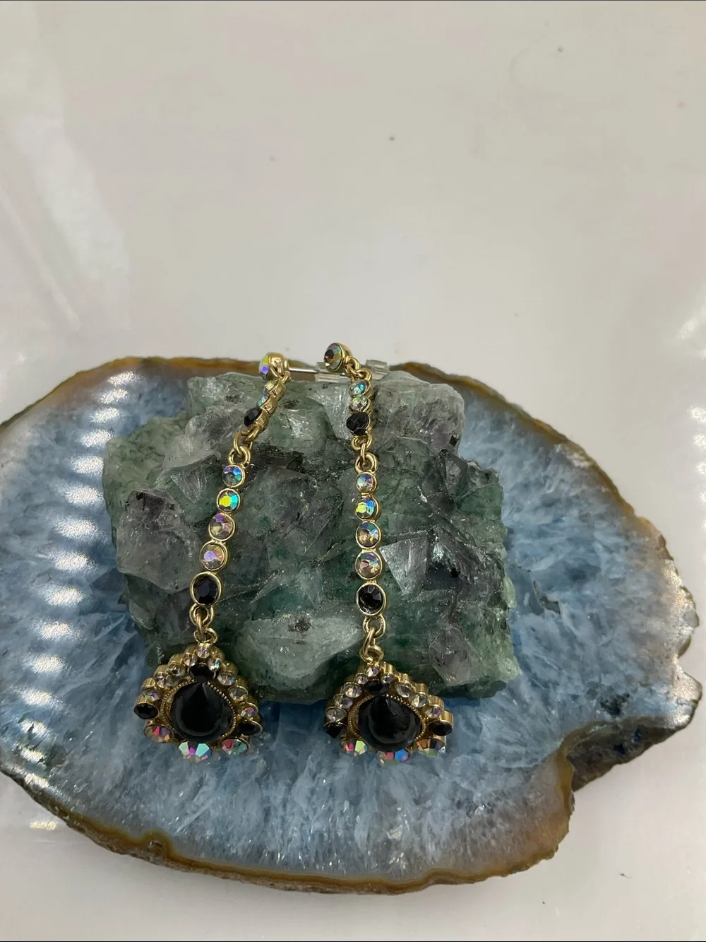 Gold-Tone Black Teardrop Onyx Gemstone W/Sparkling Rhinestones